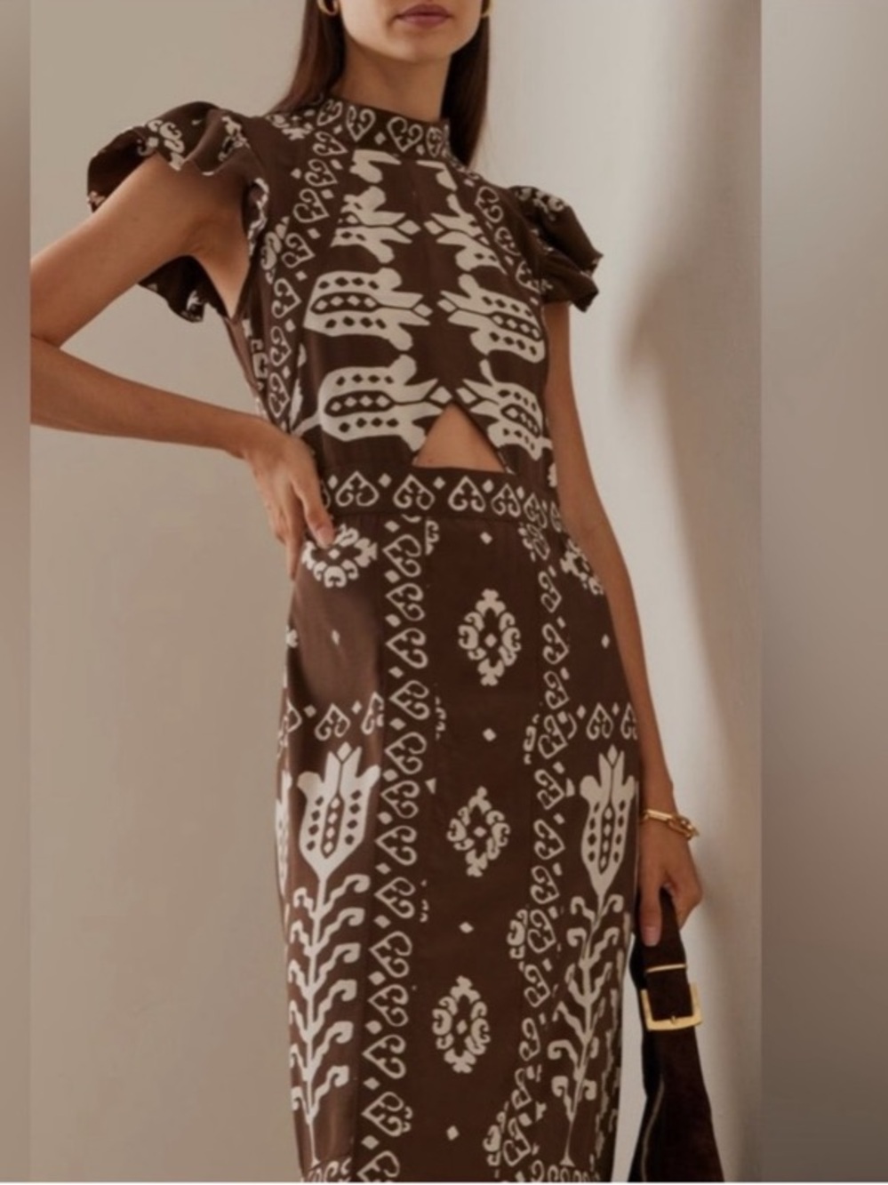 SEA NY Sonia Cutout Silk Midi Dress Brown and Cream Printed
